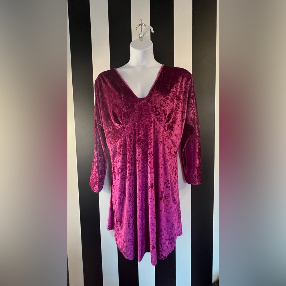 ASOS Deep Pink Berry Crushed Velvet V-Neck Fit and Flare Dress; Sz 14